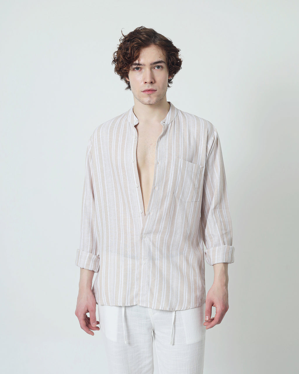 LaBonte - Men's Linen Striped Shirt - Cream Ivory Long Sleeve JAVER