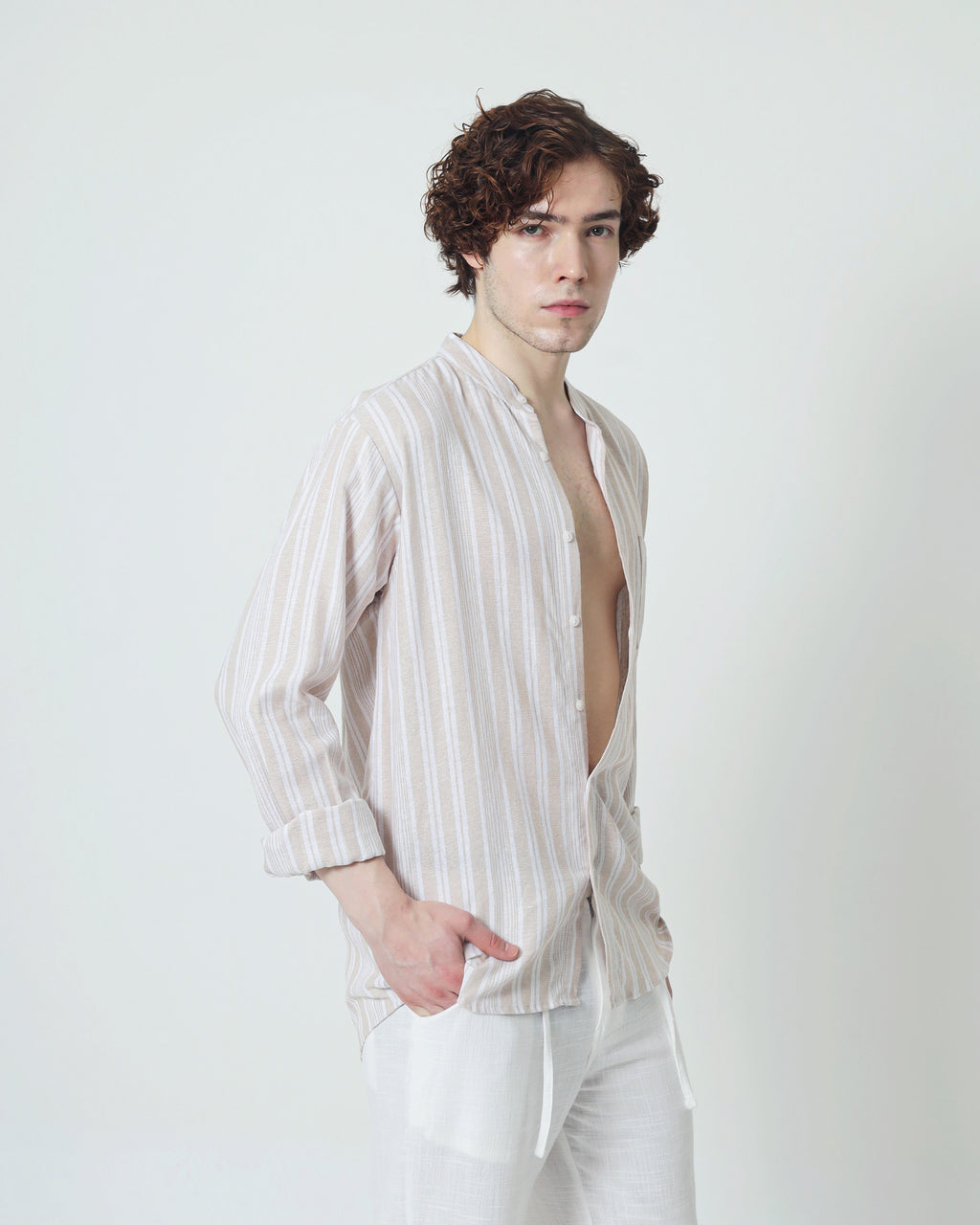 LaBonte - Men's Linen Striped Shirt - Cream Ivory Long Sleeve JAVER