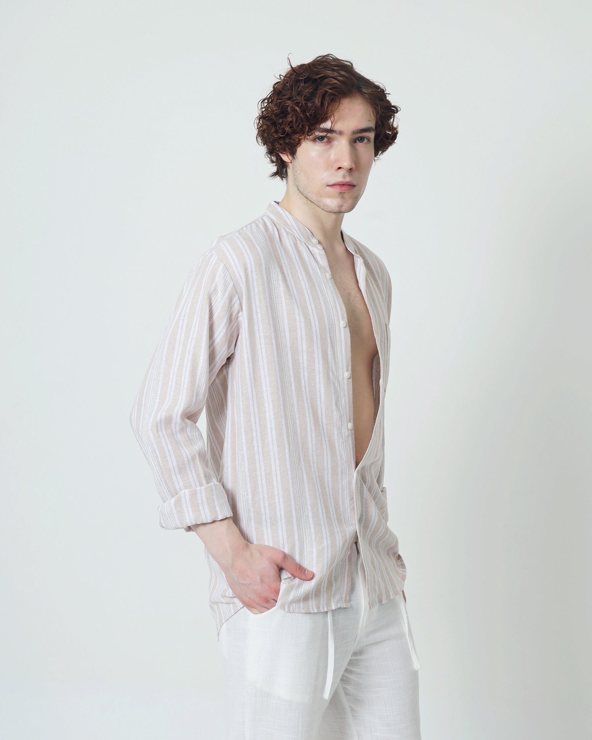 LaBonte - Men's Linen Striped Shirt - Cream Ivory Long Sleeve JAVER