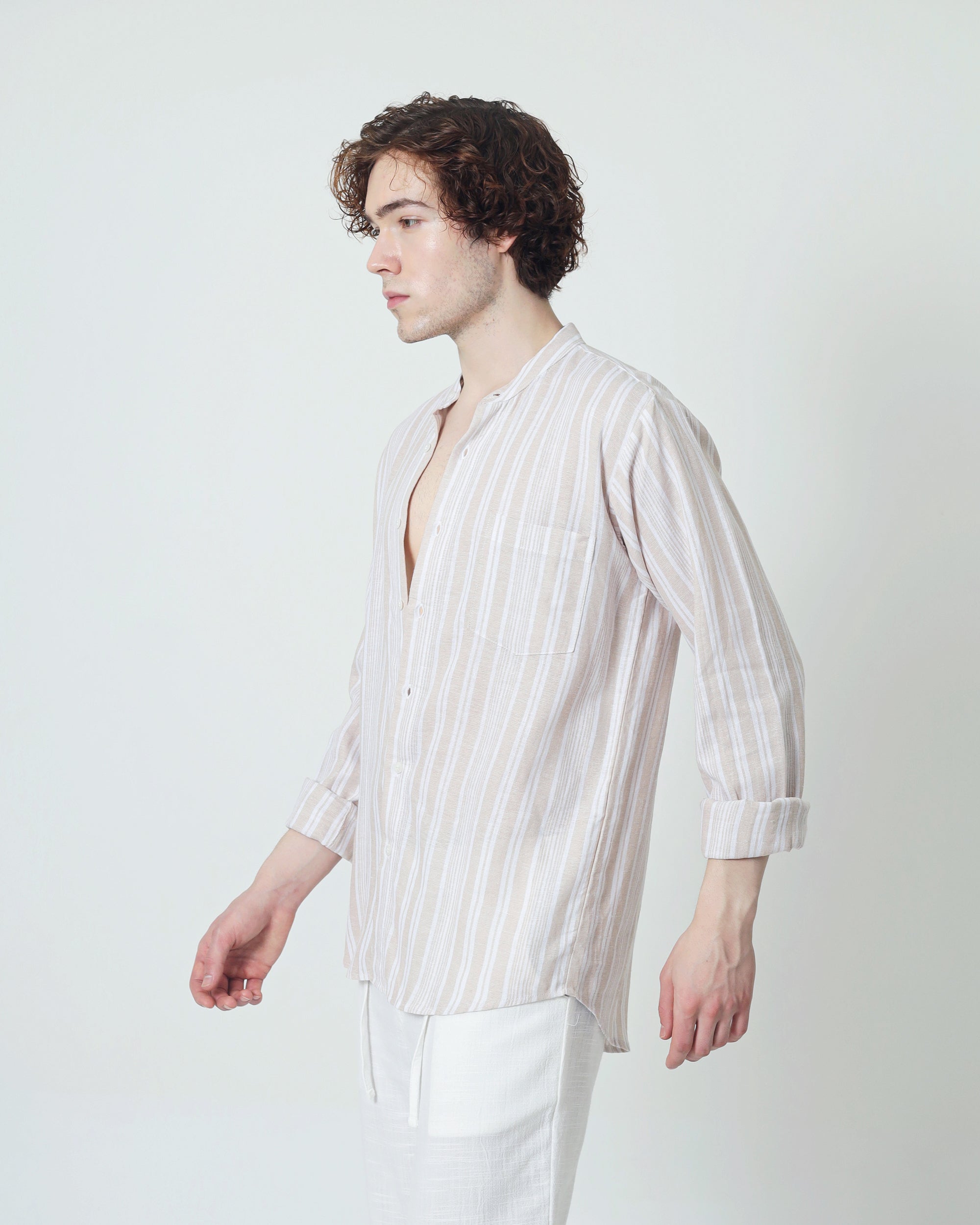 LaBonte - Men's Linen Striped Shirt - Cream Ivory Long Sleeve JAVER