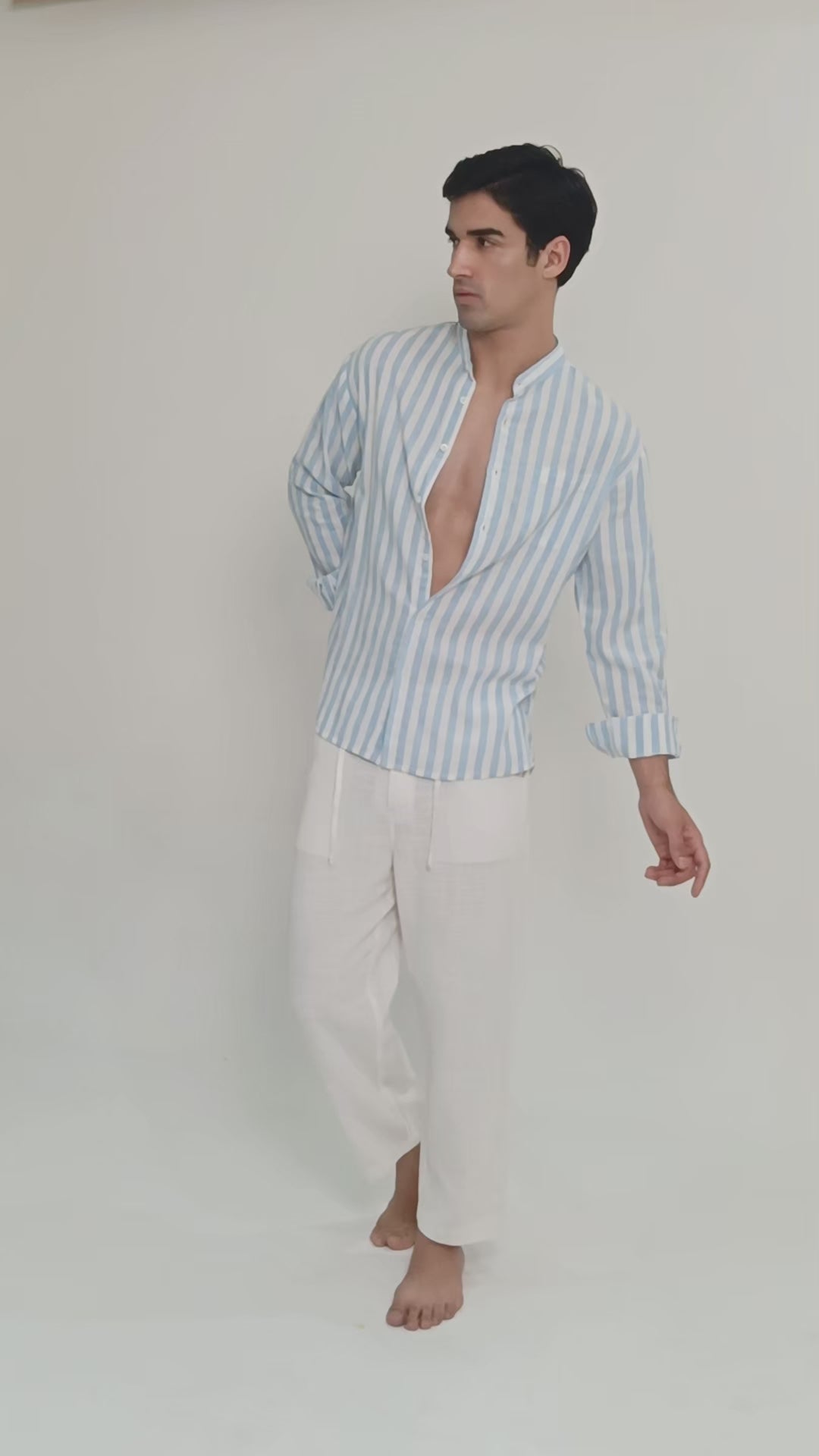 LaBonte - Men's Linen Striped Shirt - Blue White Long Sleeve JAVER