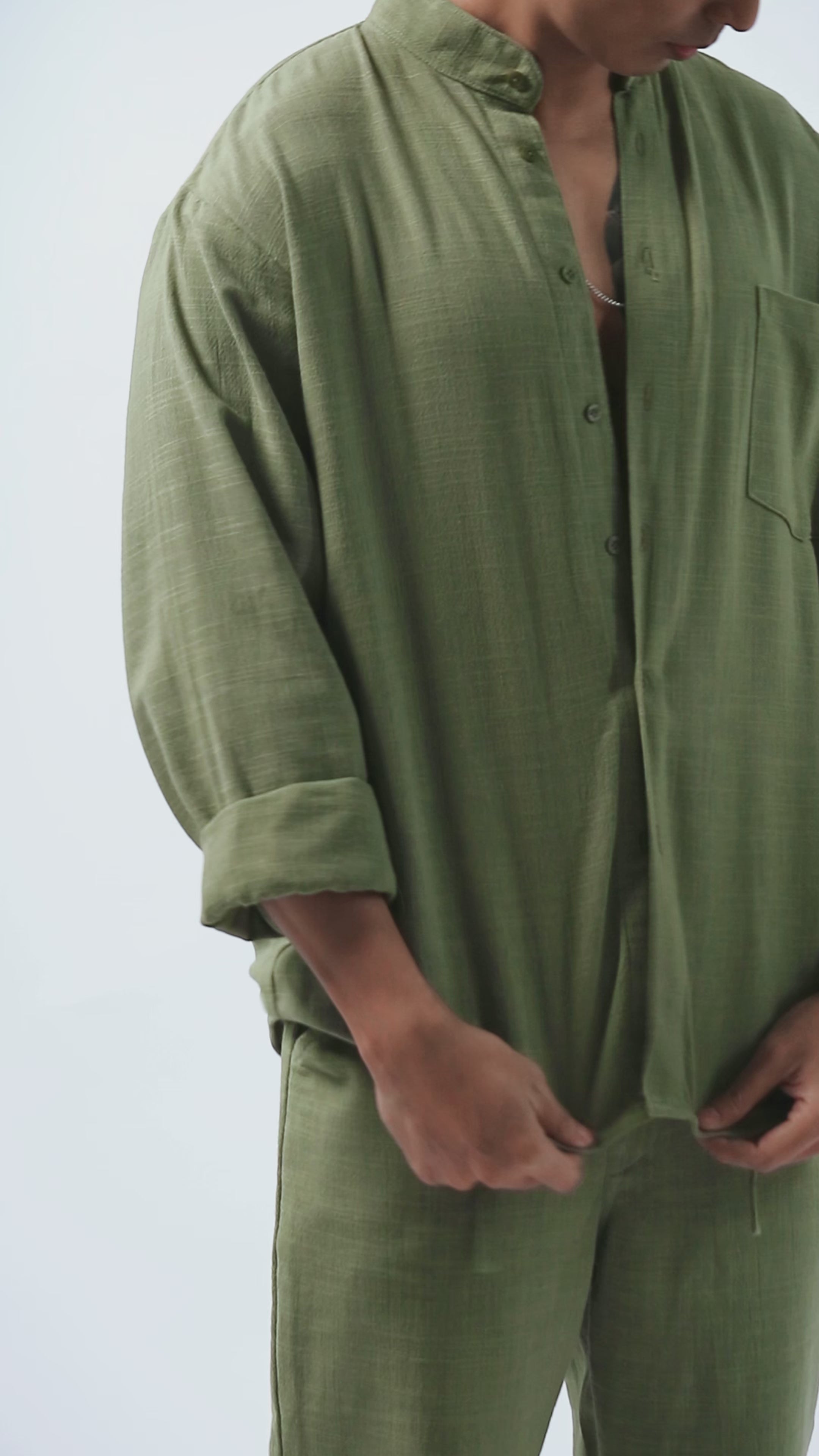 LaBonte - Men's Mandarin Collar Linen Shirt - Army Green Long Sleeve GAVINO