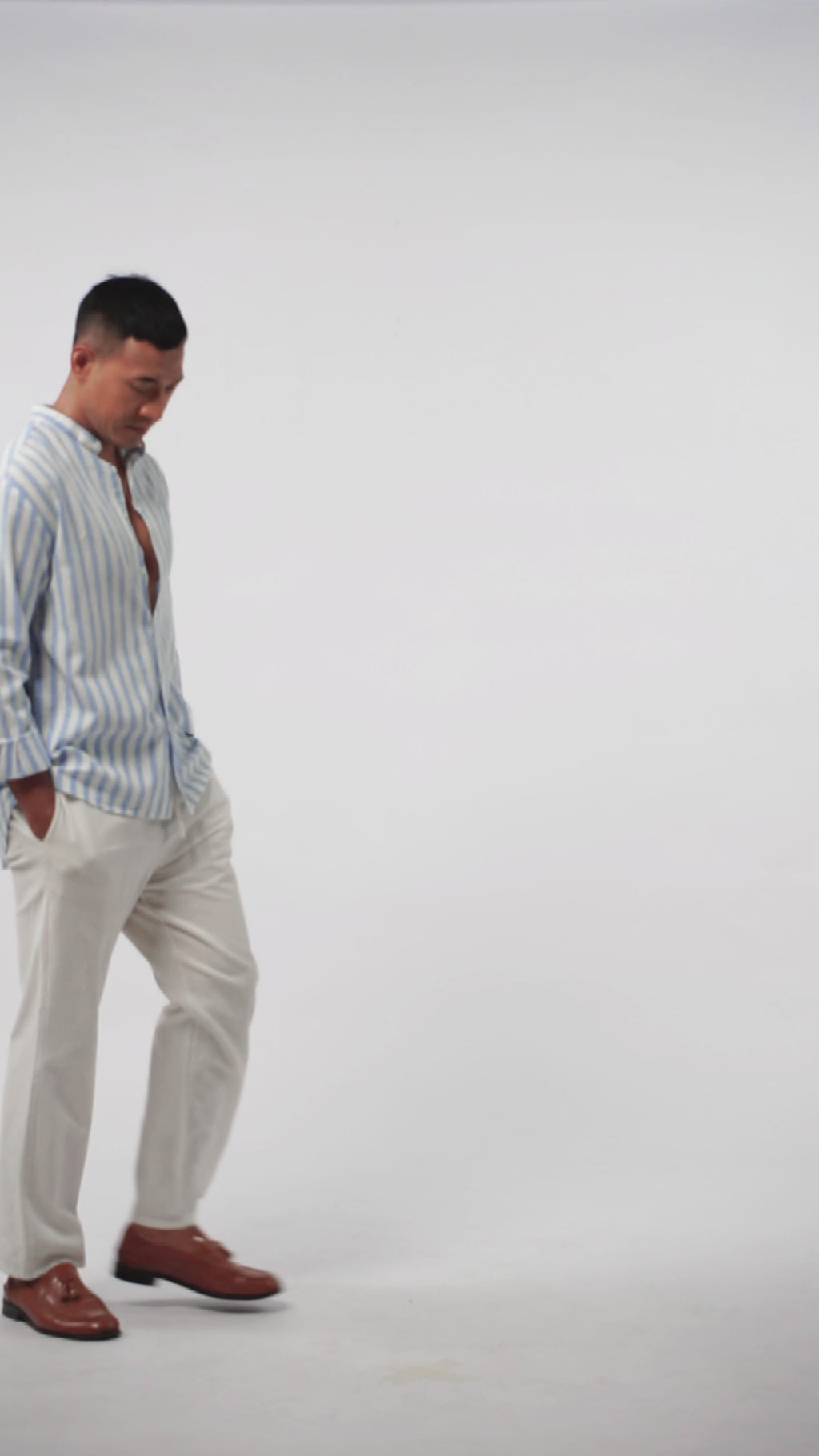 Men's Linen Striped Shirt - Blue White Long Sleeve JAVER