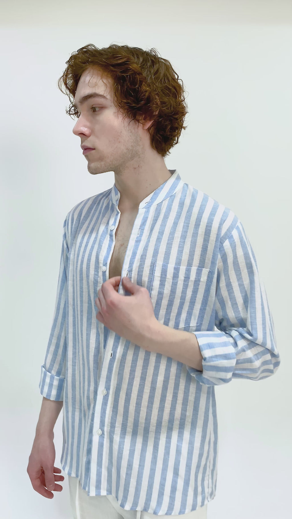 LaBonte - Men's Linen Striped Shirt - Blue White Long Sleeve JAVER