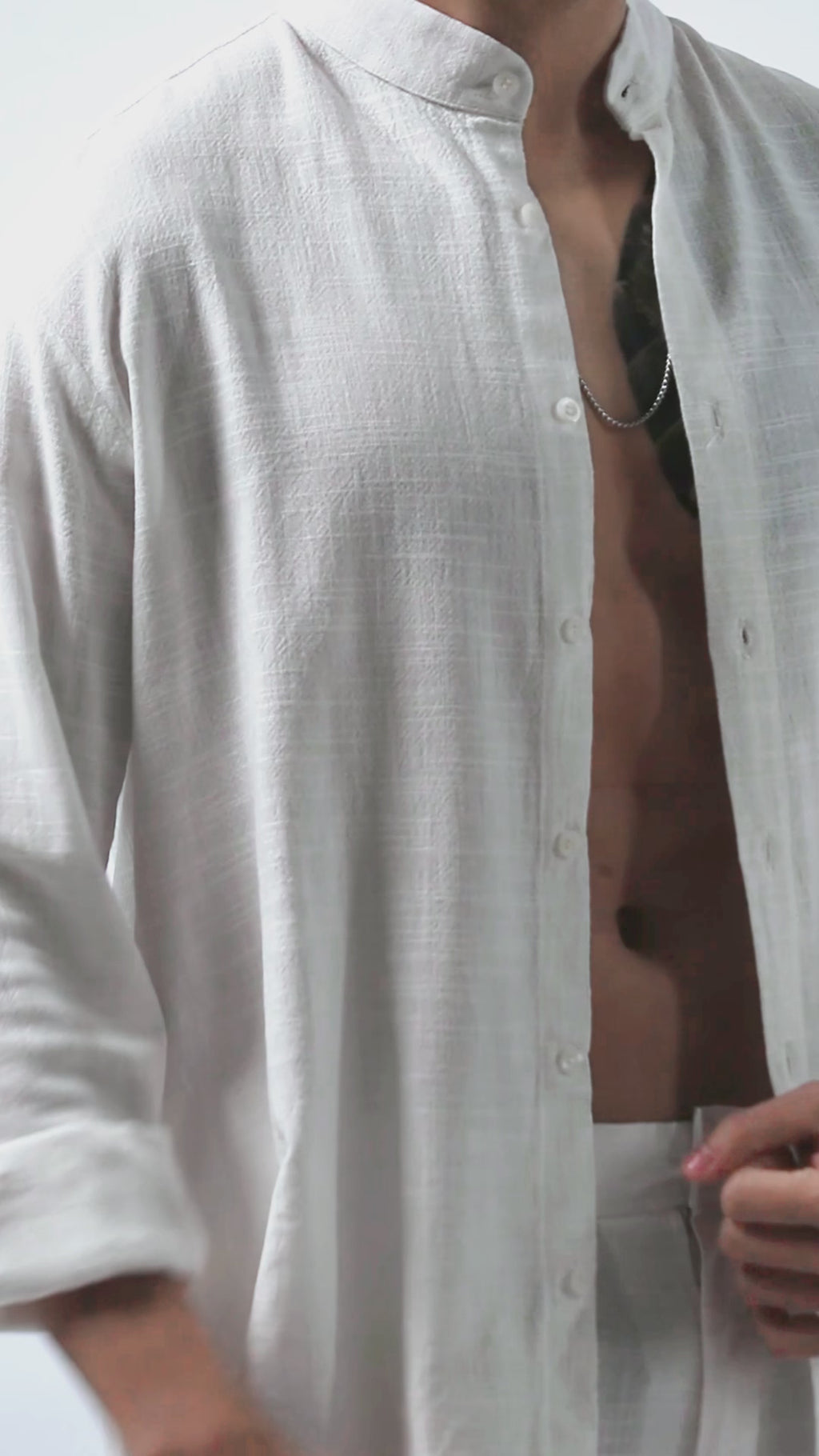 LaBonte - Men's Mandarin Collar Linen Shirt - White Long Sleeve GAVINO