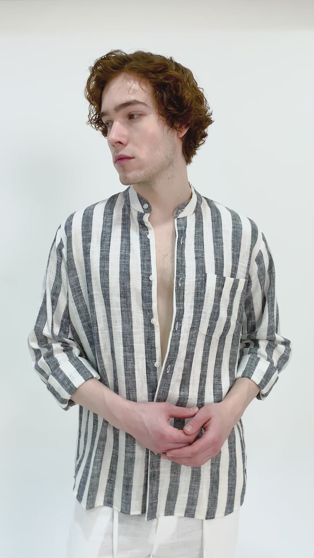 LaBonte - Men's Linen Striped Shirt - Black White Long Sleeve JAVER