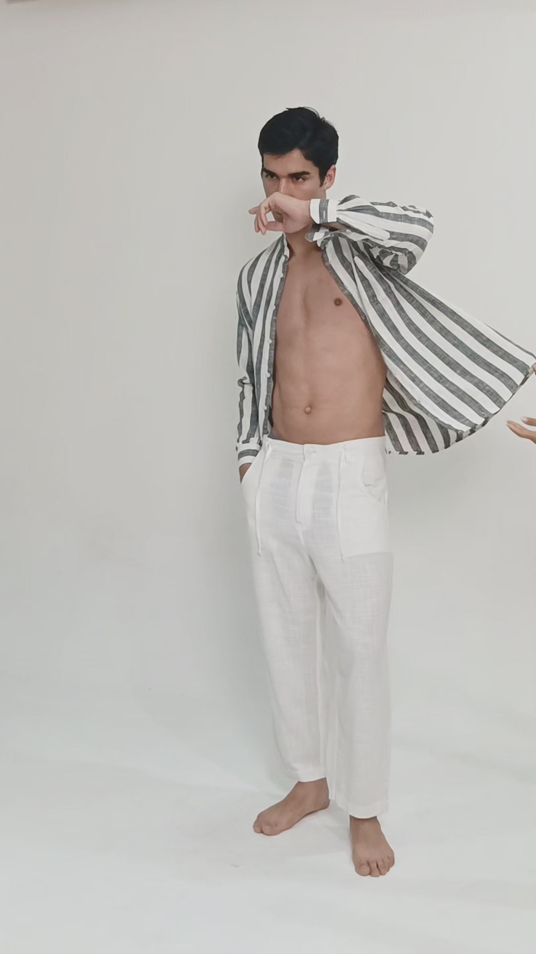 LaBonte - Men's Linen Striped Shirt - Black White Long Sleeve JAVER