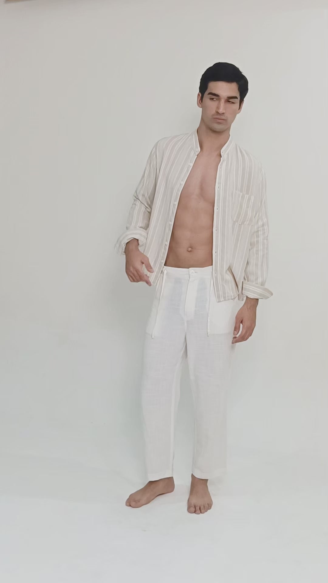 LaBonte - Men's Linen Striped Shirt - Cream Ivory Long Sleeve JAVER