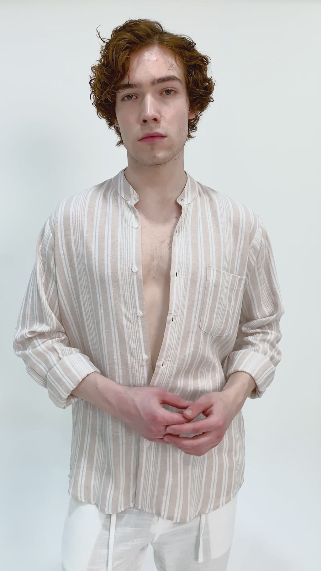 LaBonte - Men's Linen Striped Shirt - Cream Ivory Long Sleeve JAVER