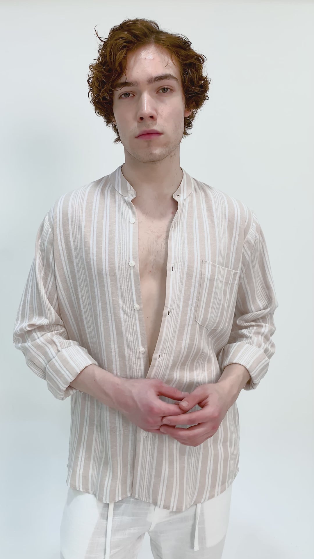 LaBonte - Men's Linen Striped Shirt - Cream Ivory Long Sleeve JAVER