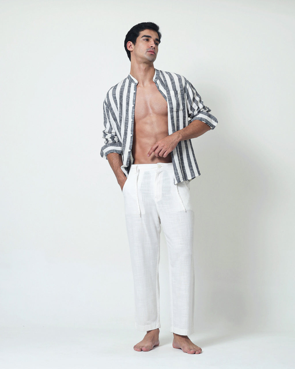 LaBonte - Men's Linen Striped Shirt - Black White Long Sleeve JAVER