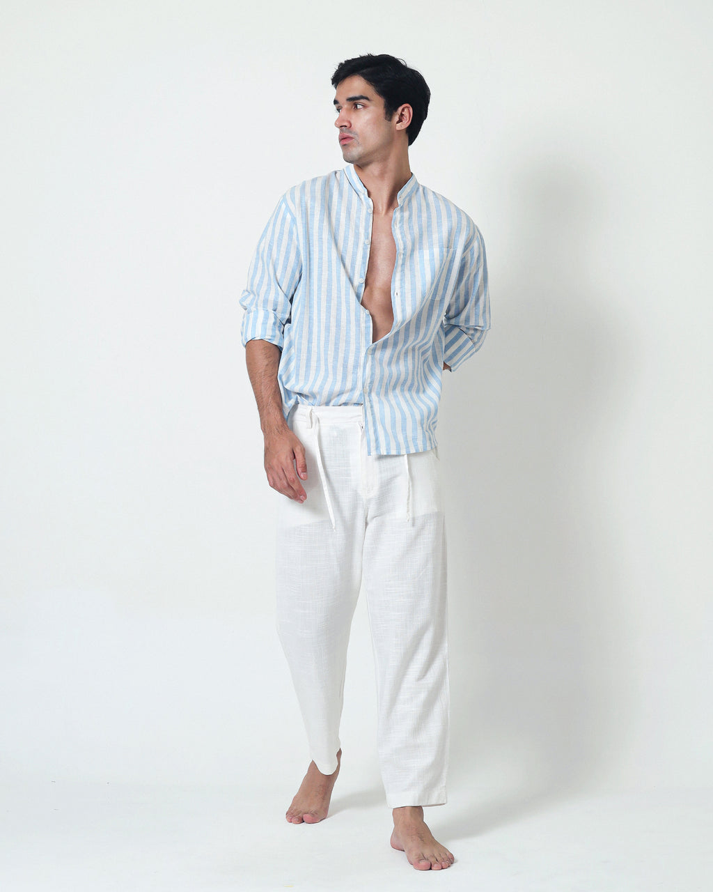 LaBonte - Men's Linen Striped Shirt - Blue White Long Sleeve JAVER