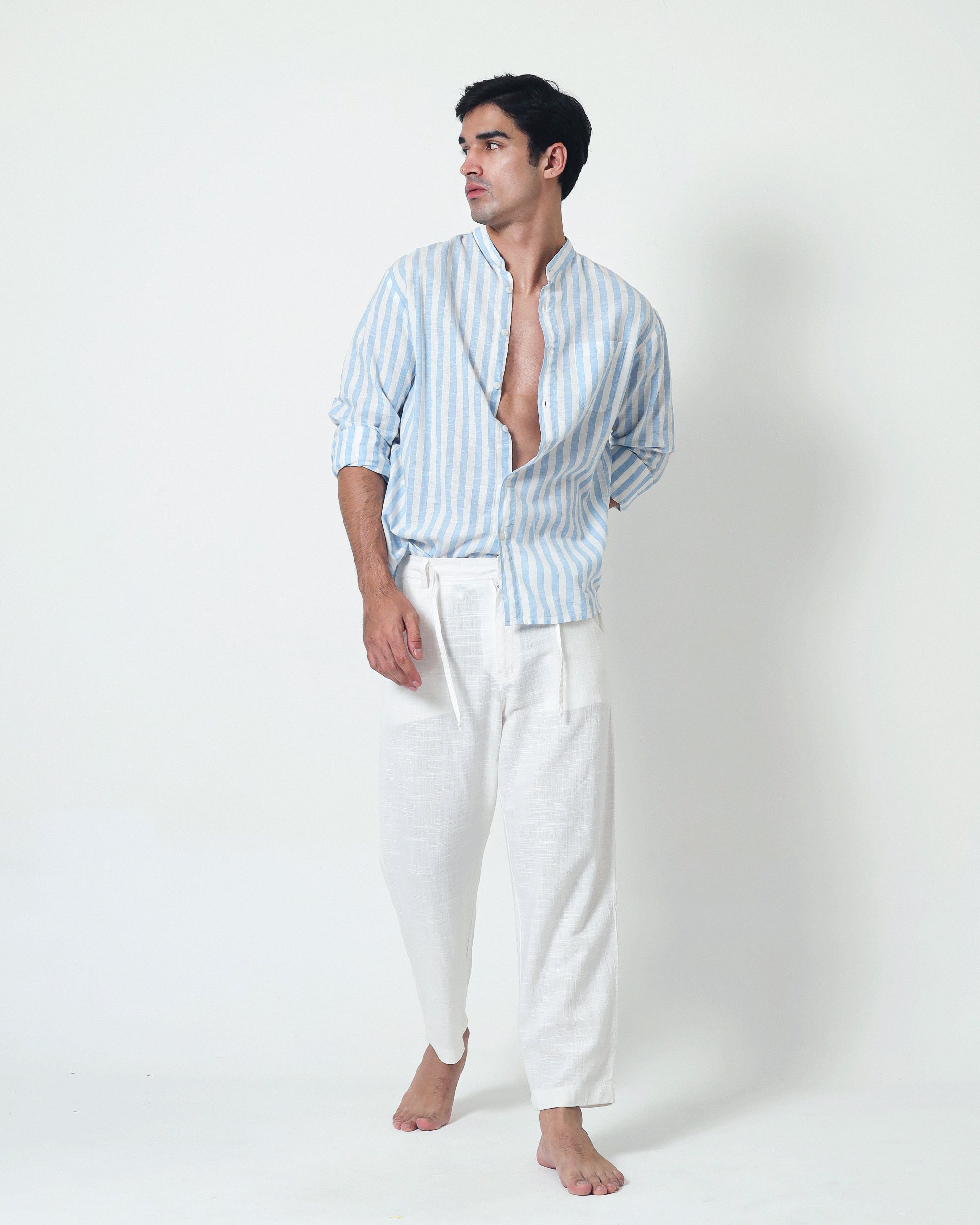 LaBonte - Men's Linen Striped Shirt - Blue White Long Sleeve JAVER