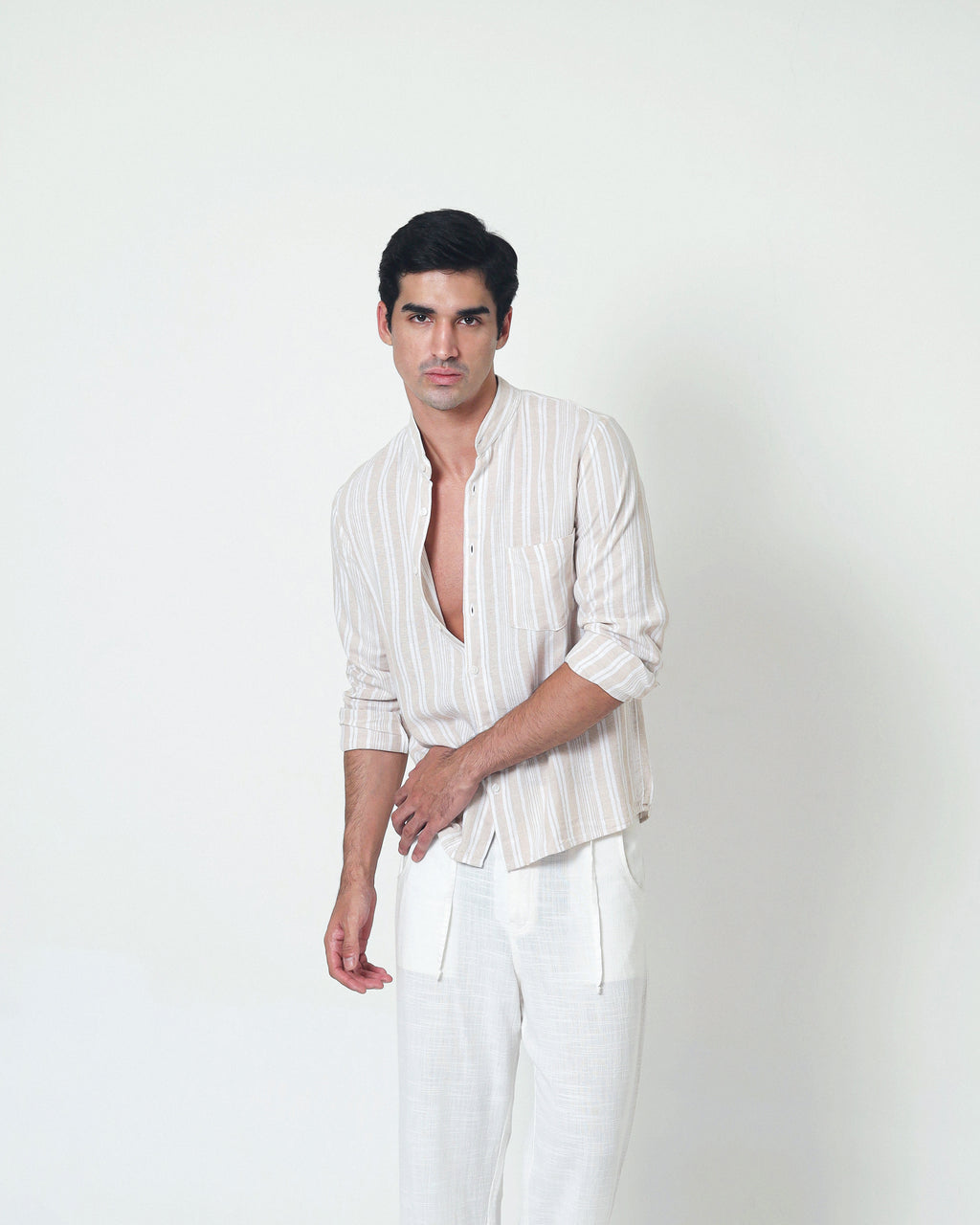 LaBonte - Men's Linen Striped Shirt - Cream Ivory Long Sleeve JAVER