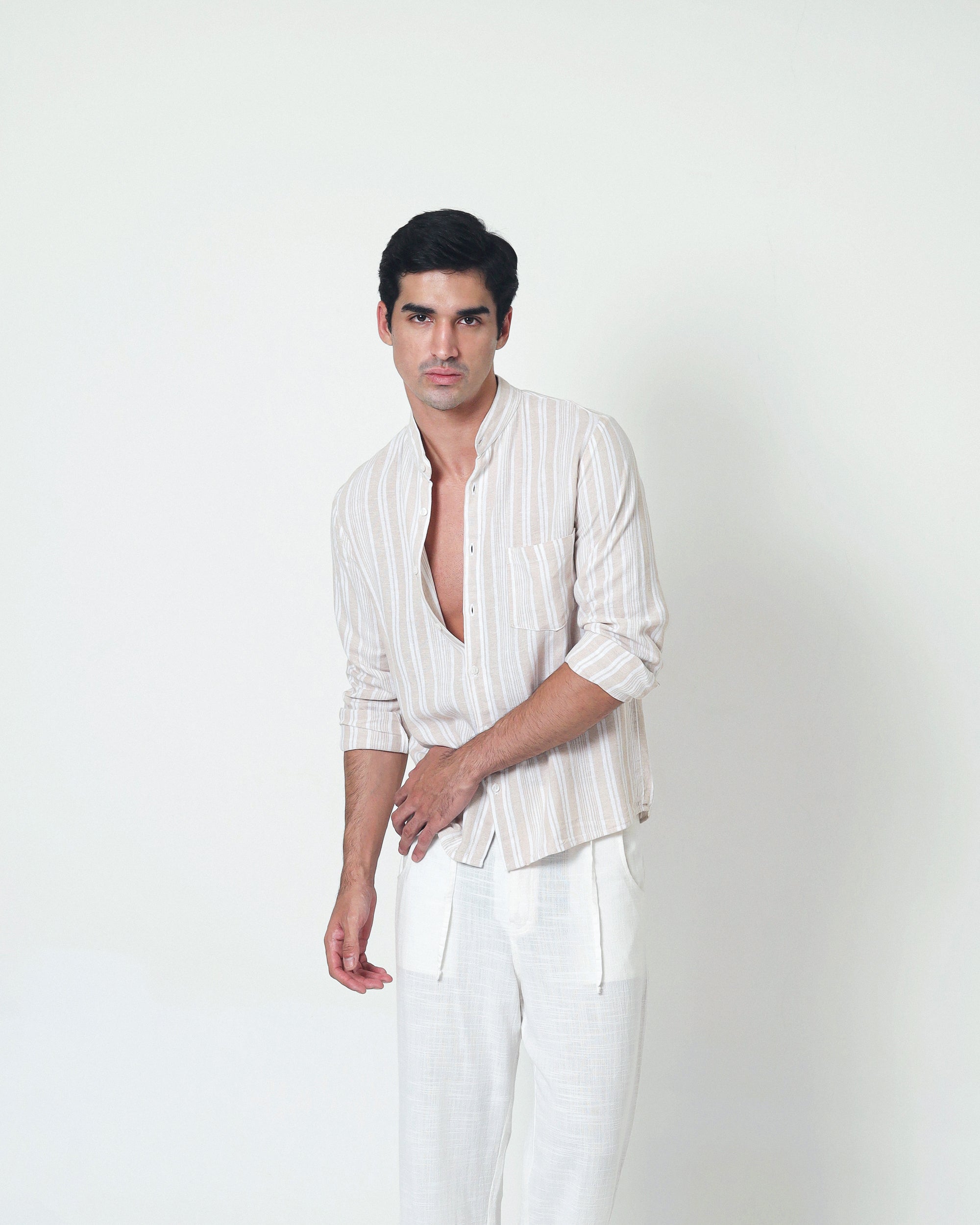LaBonte - Men's Linen Striped Shirt - Cream Ivory Long Sleeve JAVER
