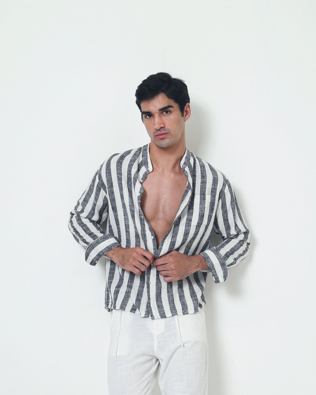 LaBonte - Men's Linen Striped Shirt - Black White Long Sleeve JAVER