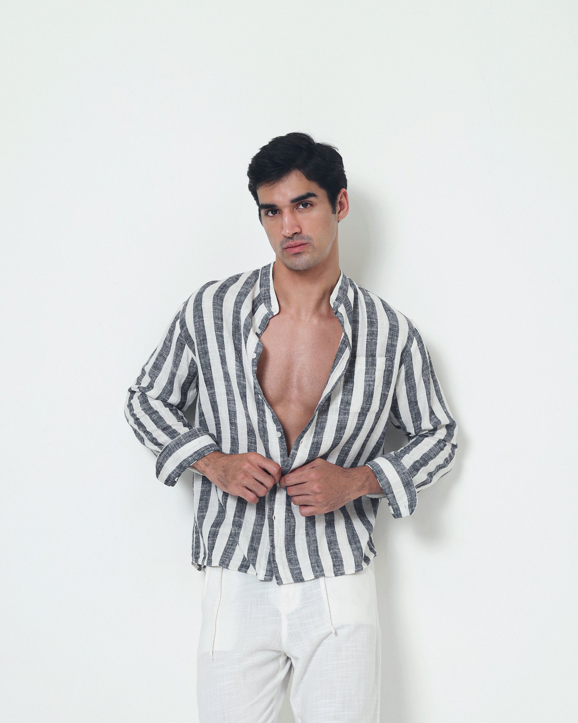 LaBonte - Men's Linen Striped Shirt - Black White Long Sleeve JAVER