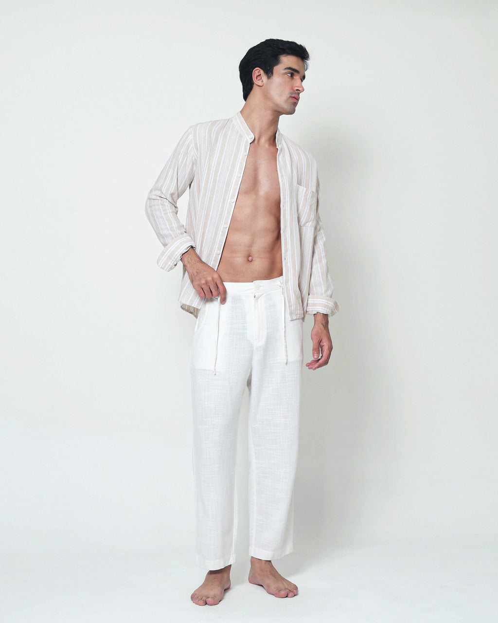 LaBonte - Men's Linen Striped Shirt - Cream Ivory Long Sleeve JAVER