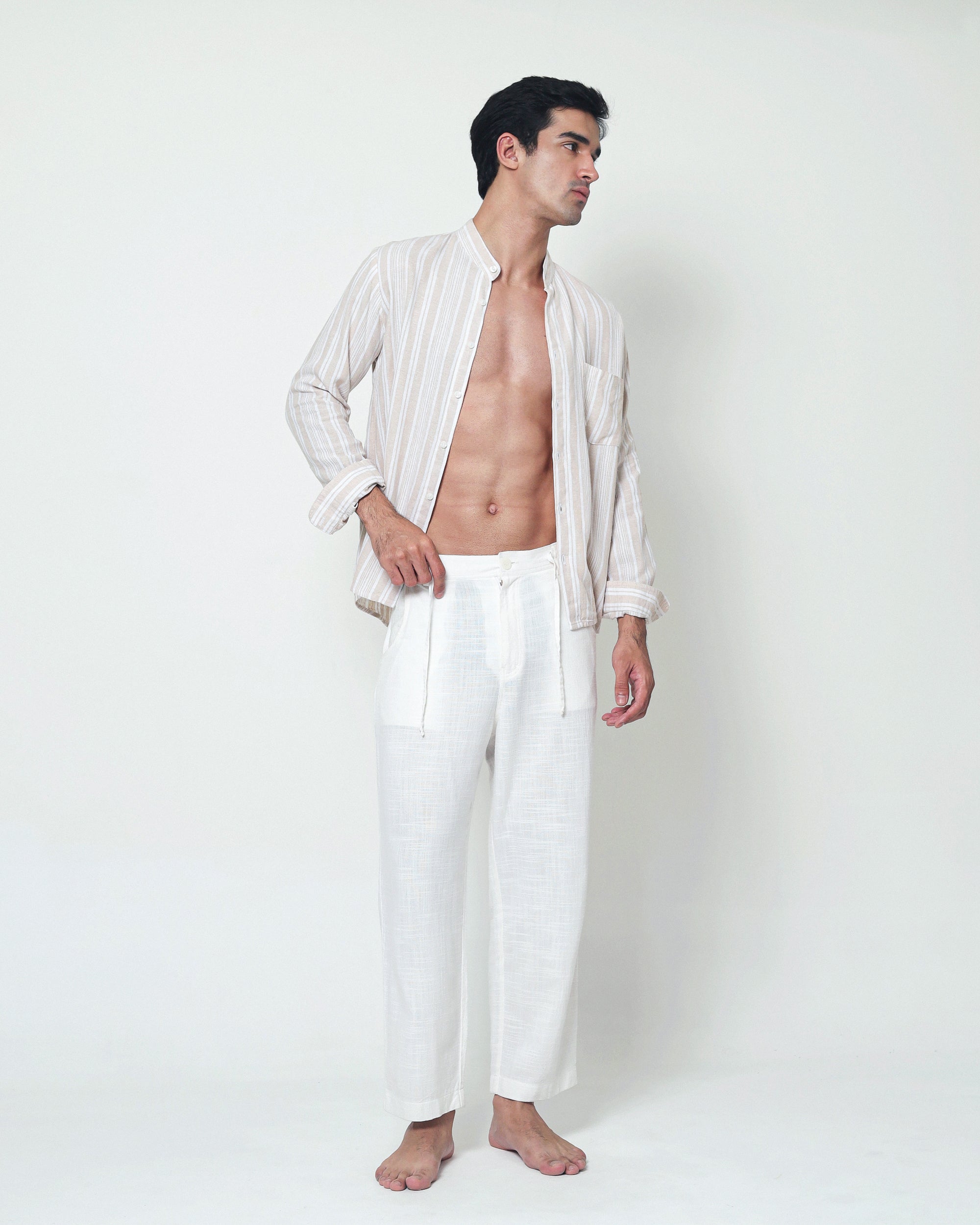LaBonte - Men's Linen Striped Shirt - Cream Ivory Long Sleeve JAVER