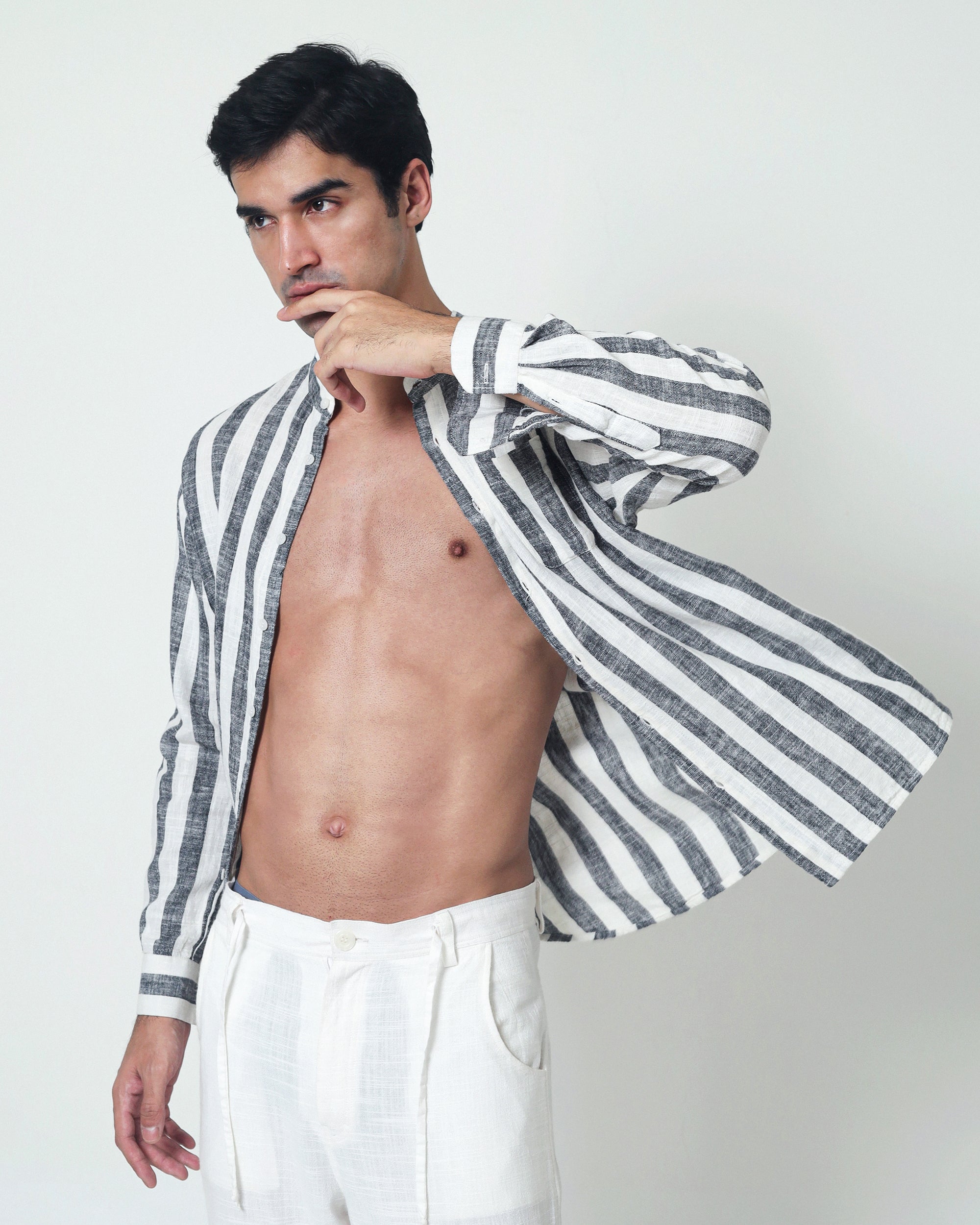 LaBonte - Men's Linen Striped Shirt - Black White Long Sleeve JAVER
