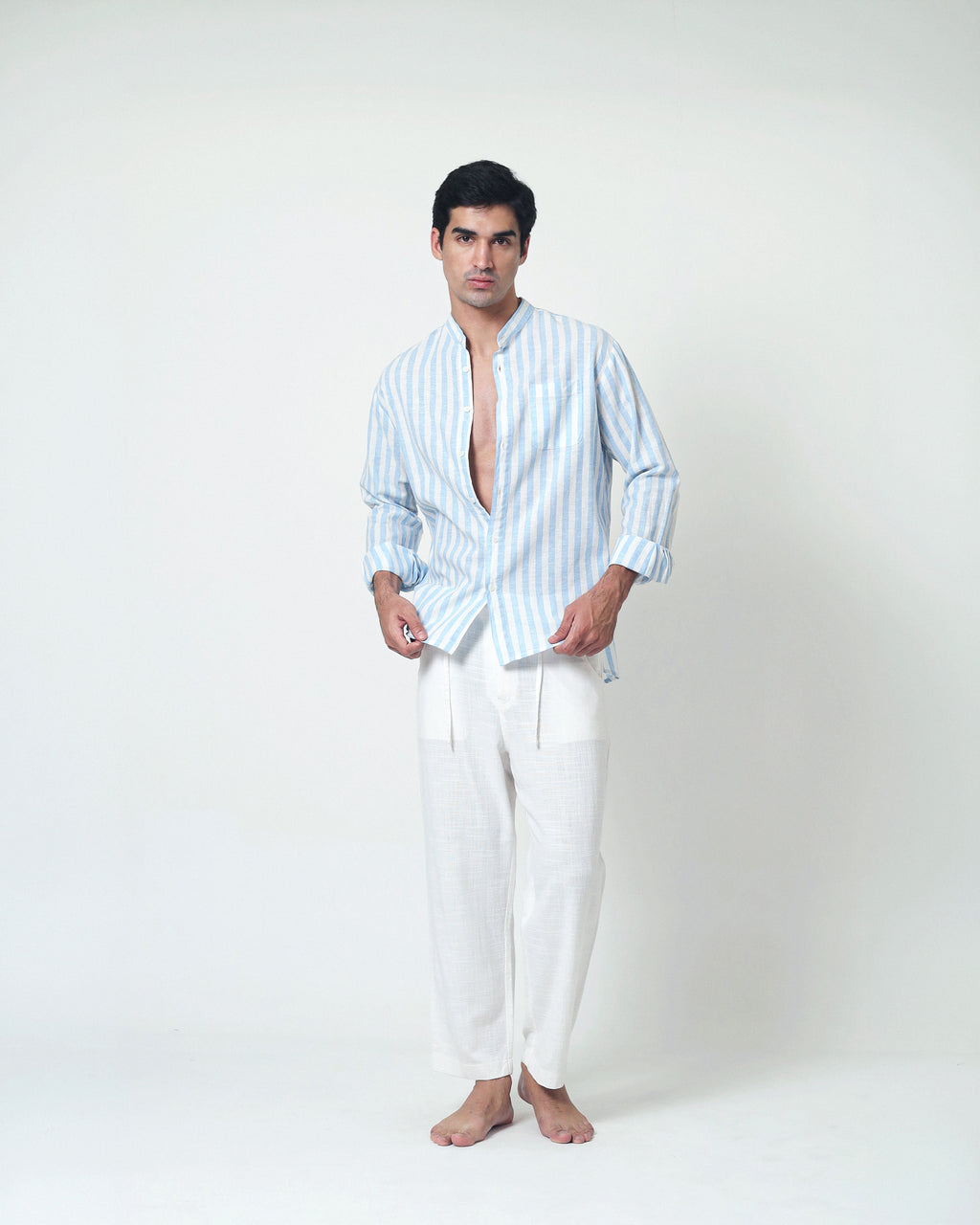 LaBonte - Men's Linen Striped Shirt - Blue White Long Sleeve JAVER
