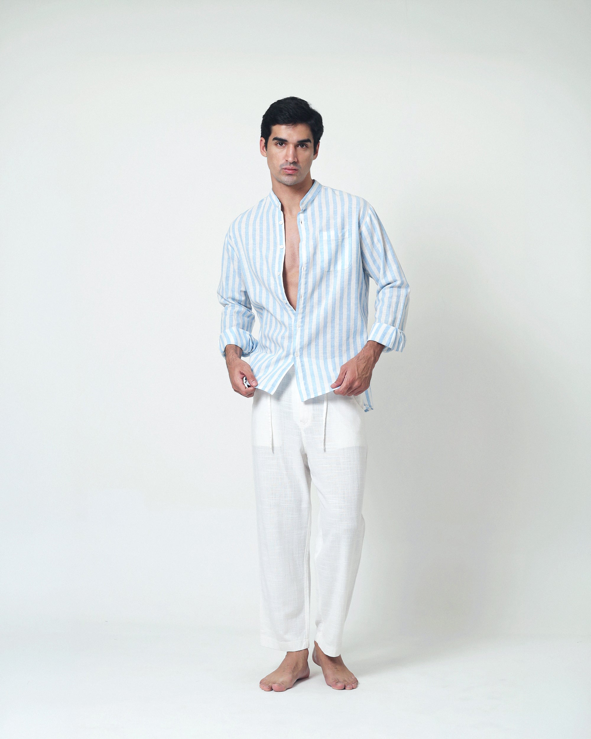 LaBonte - Men's Linen Striped Shirt - Blue White Long Sleeve JAVER