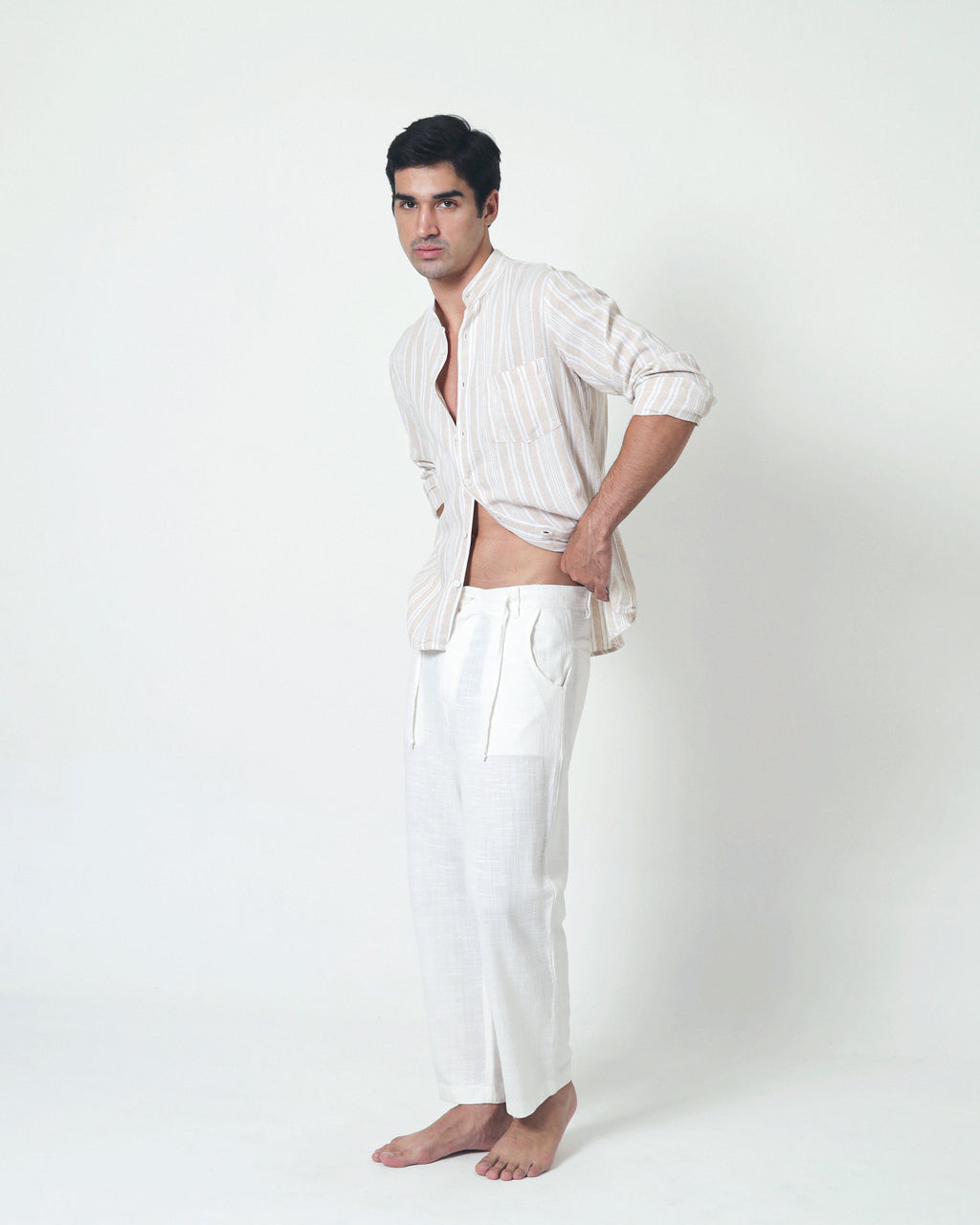 LaBonte - Men's Linen Striped Shirt - Cream Ivory Long Sleeve JAVER