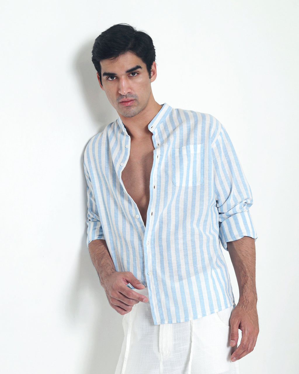 LaBonte - Men's Linen Striped Shirt - Blue White Long Sleeve JAVER