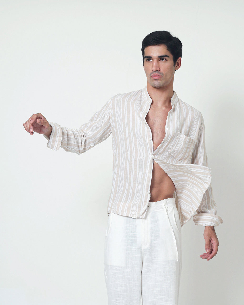 LaBonte - Men's Linen Striped Shirt - Cream Ivory Long Sleeve JAVER