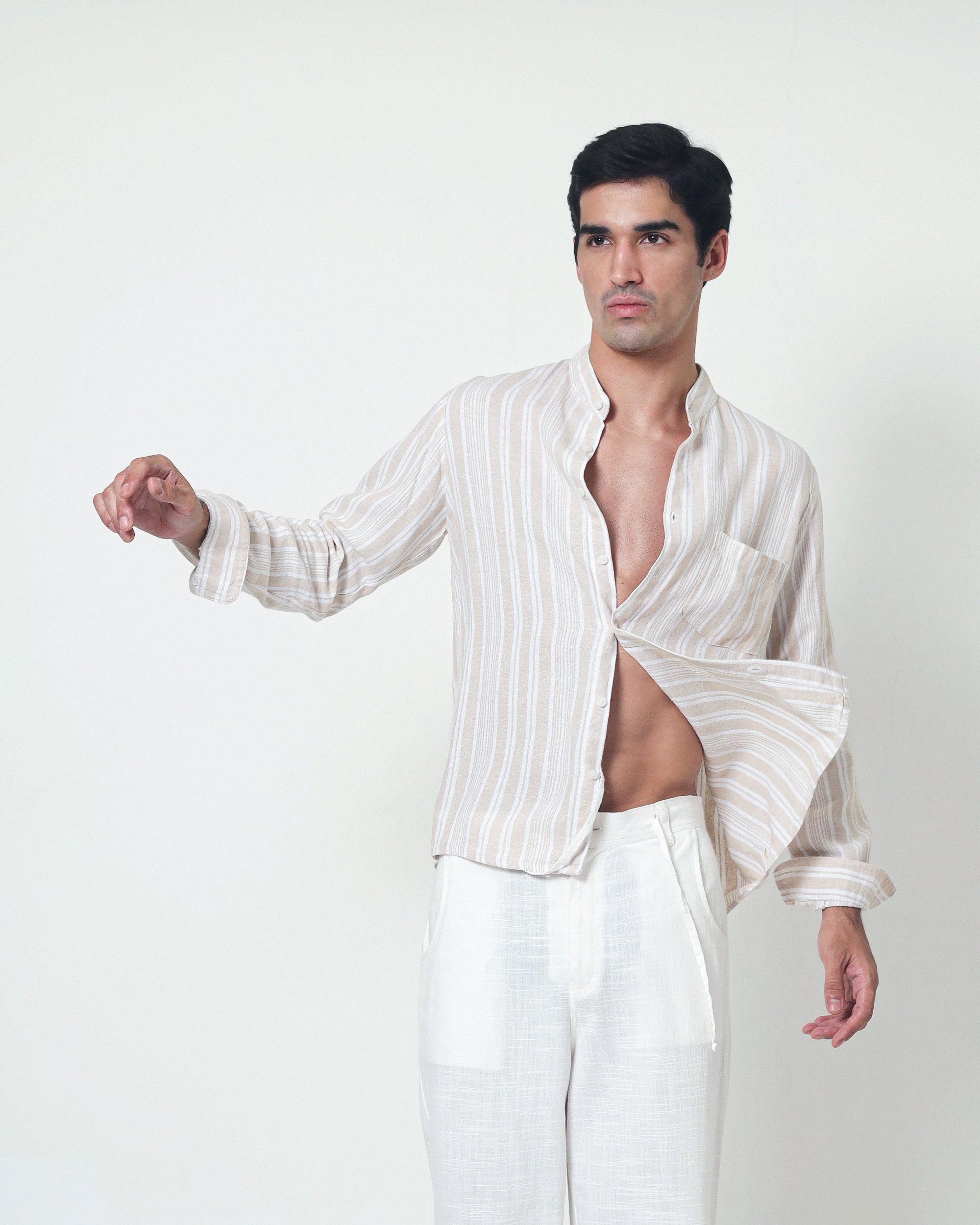 LaBonte - Men's Linen Striped Shirt - Cream Ivory Long Sleeve JAVER