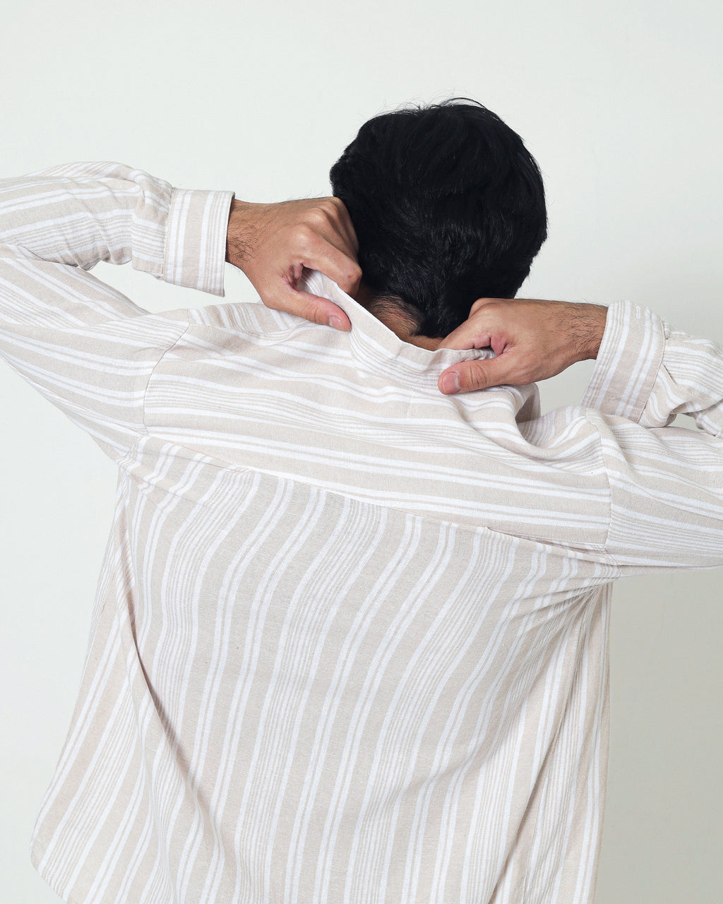 LaBonte - Men's Linen Striped Shirt - Cream Ivory Long Sleeve JAVER