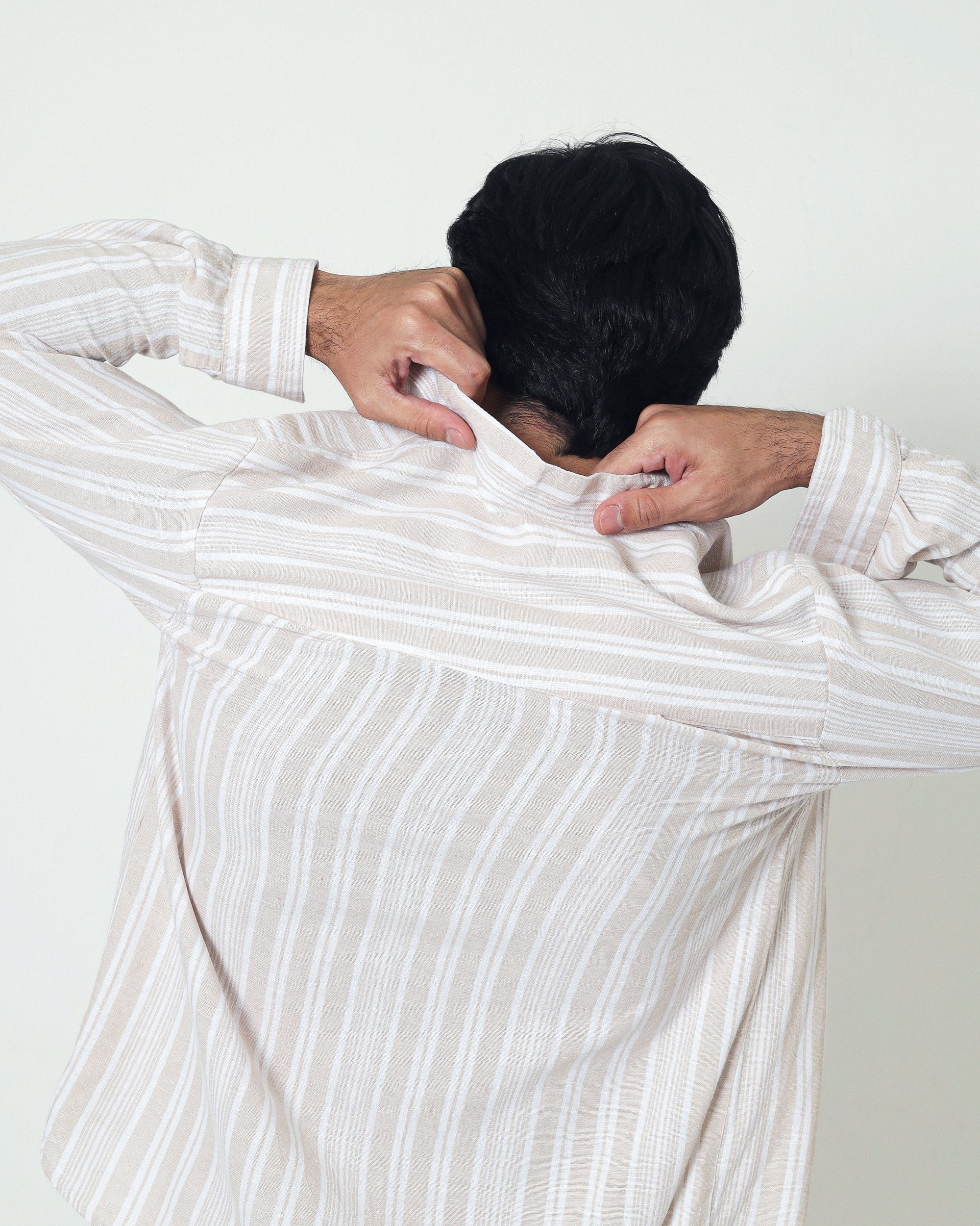 LaBonte - Men's Linen Striped Shirt - Cream Ivory Long Sleeve JAVER