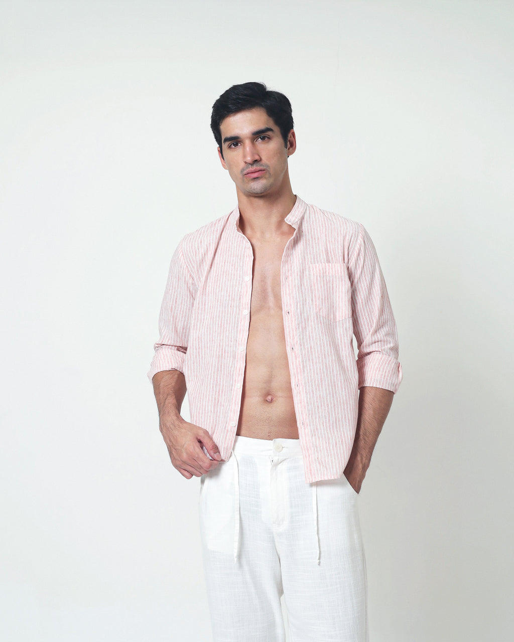 LaBonte - Men's Linen Striped Shirt - Blush Pink Long Sleeve JAVER