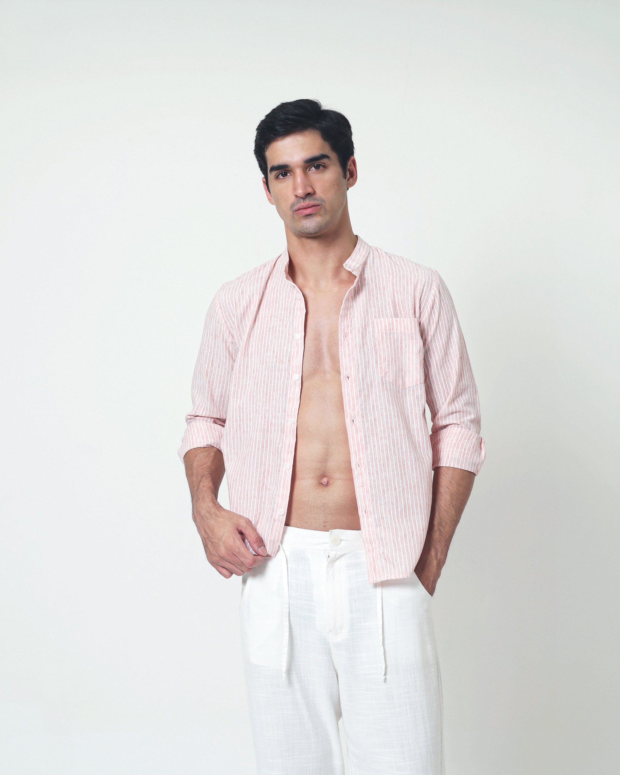 LaBonte - Men's Linen Striped Shirt - Blush Pink Long Sleeve JAVER