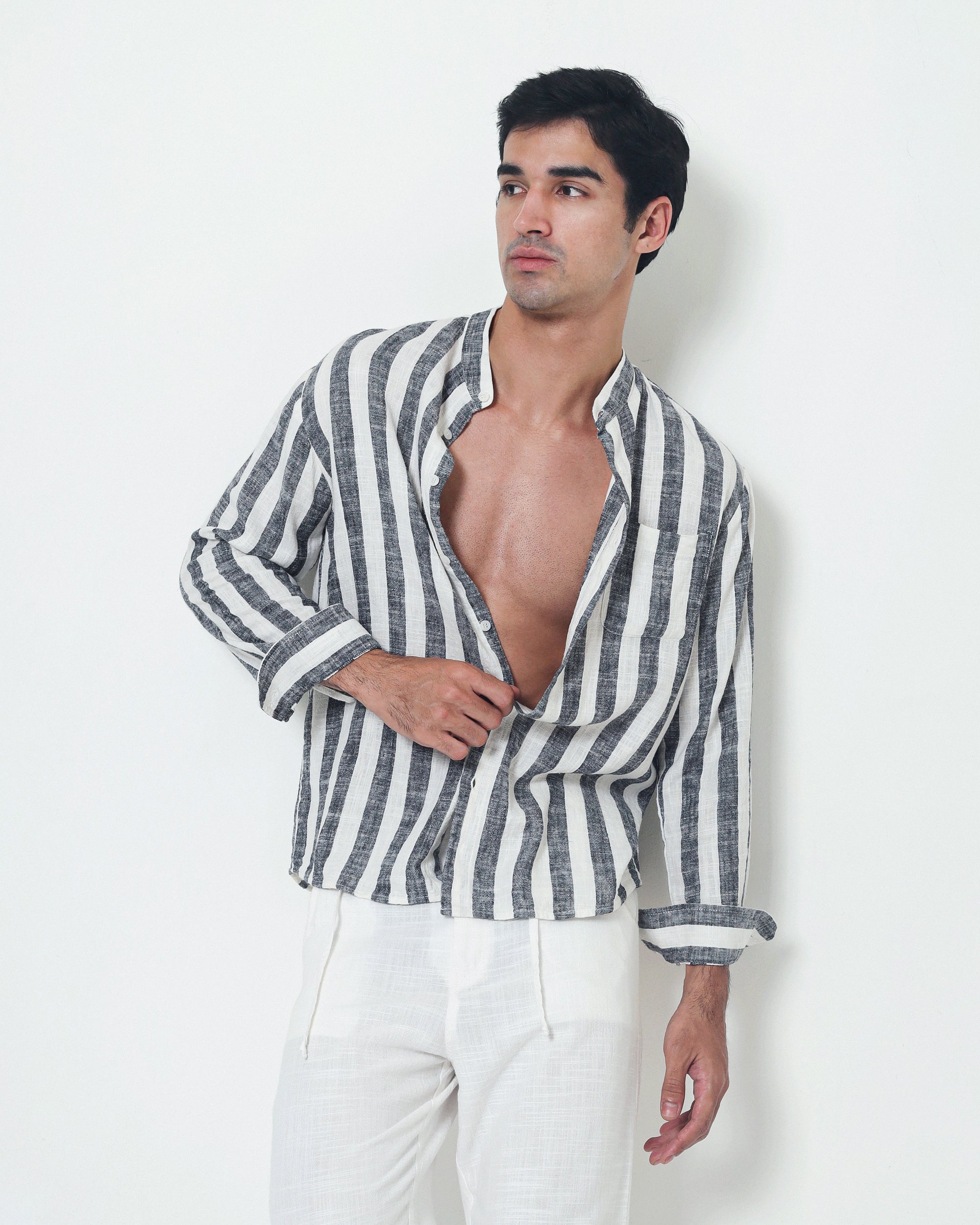 LaBonte - Men's Linen Striped Shirt - Black White Long Sleeve JAVER