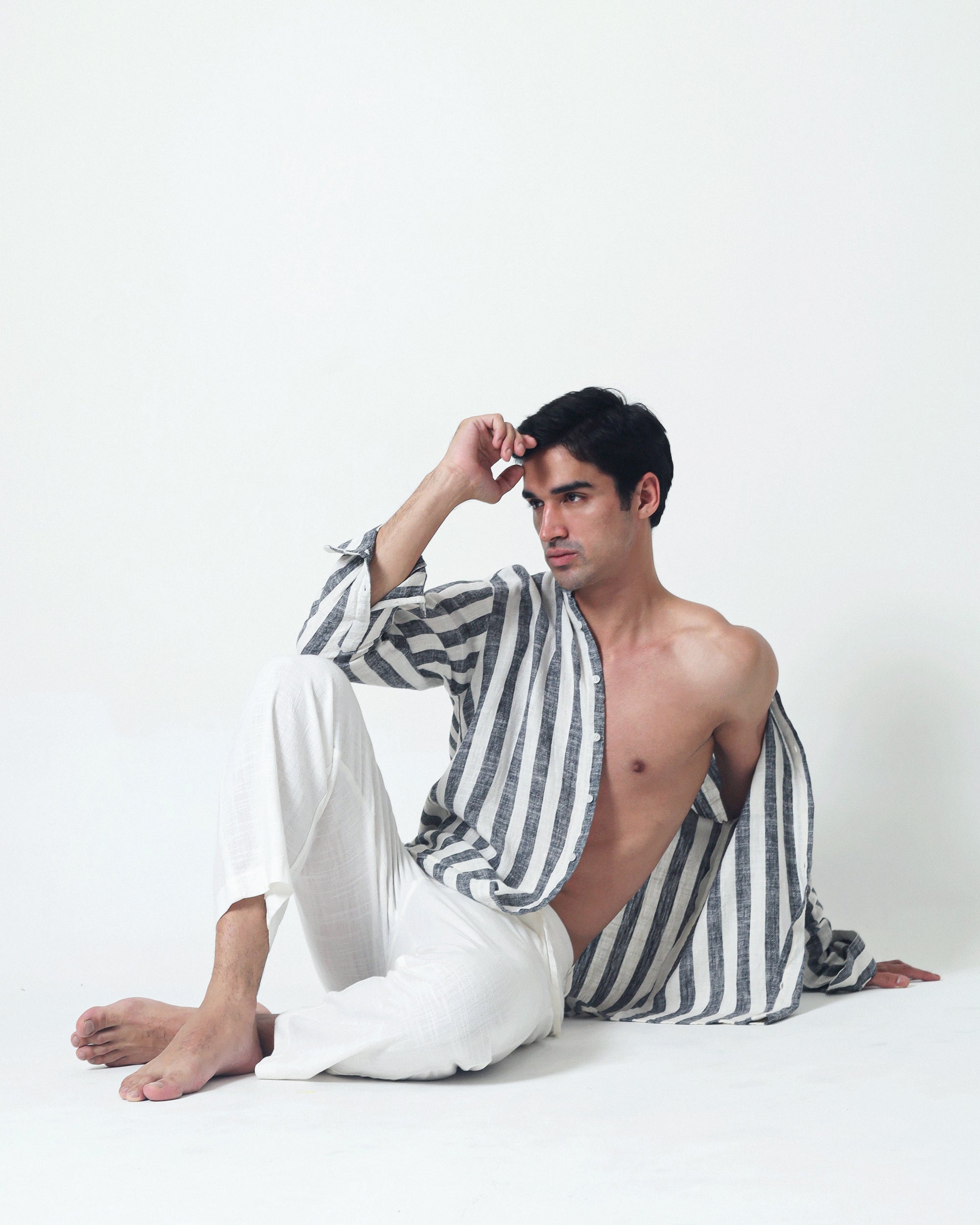 LaBonte - Men's Linen Striped Shirt - Black White Long Sleeve JAVER