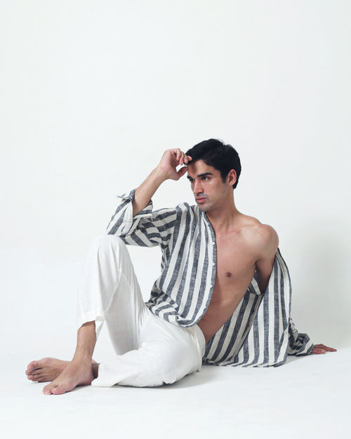 LaBonte - Men's Linen Striped Shirt - Black White Long Sleeve JAVER